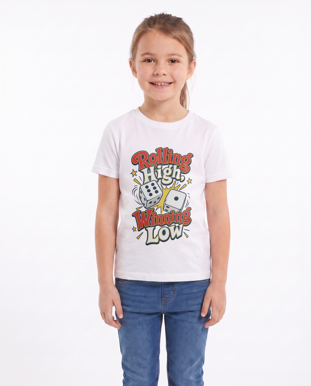 Rolling High, Winning Low White T-Shirt mockup 1