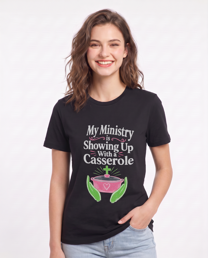 My Ministry is Showing Up With a Casserole Women's Black T-Shirt product image 1