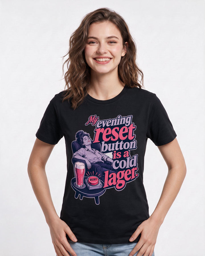 Beer Women's Black T-Shirt – My evening reset button is a cold lager. product image 3