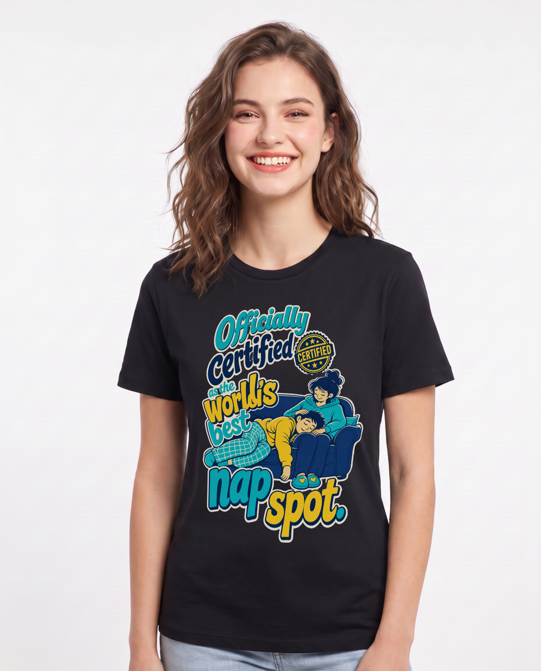 Funny Couples Women's Black T-Shirt – Officially certified as the world's best nap spot. product image 1
