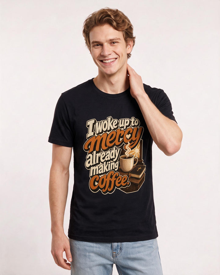Christian Faith Men's Black T-Shirt – I woke up to mercy already making coffee product image 3