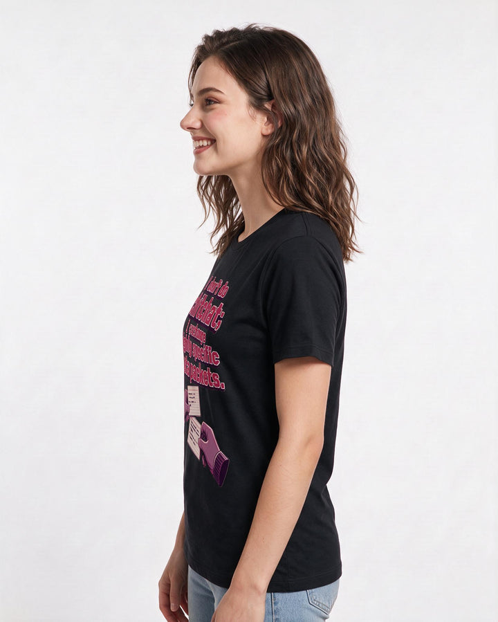 Neurodiversity Women's Black T-Shirt – I don't do chitchat; I exchange highly specific data packets. product image 2