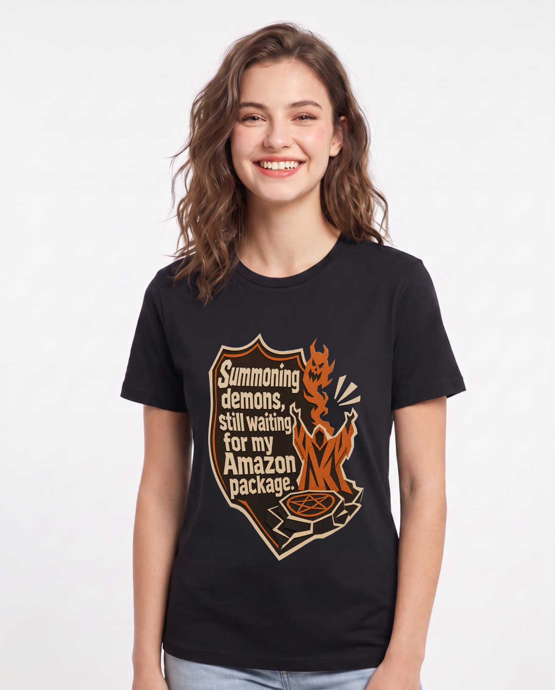 Halloween Women's Black T-Shirt - Summoning demons, still waiting for product image 1