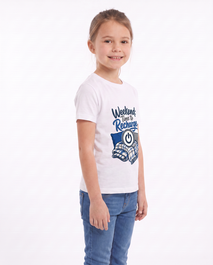 Weekend: Time To Recharge White T-Shirt mockup 2