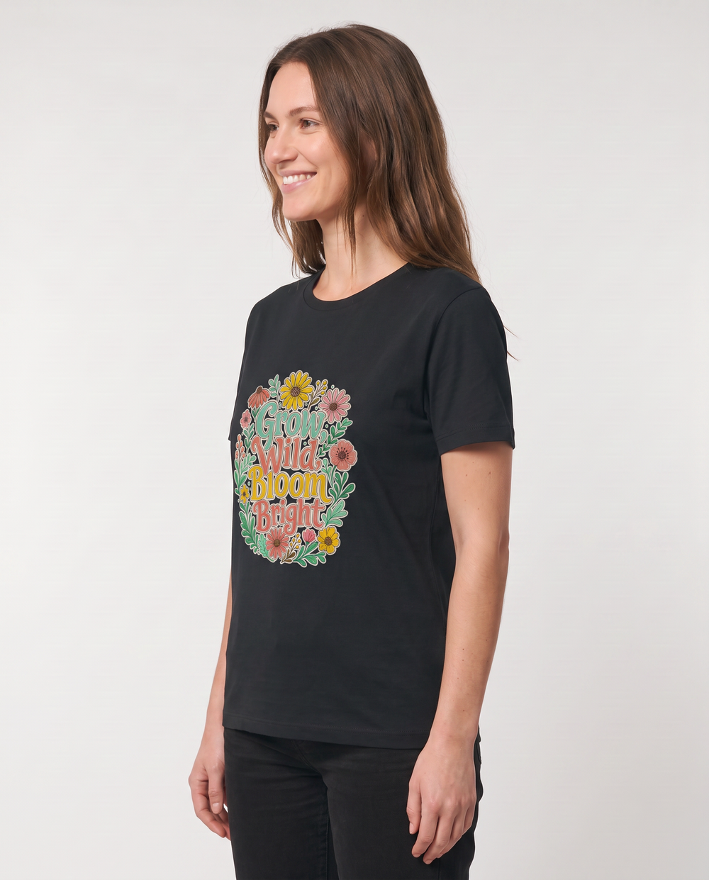 Grow Wild, Bloom Bright Black T-Shirt mockup 2