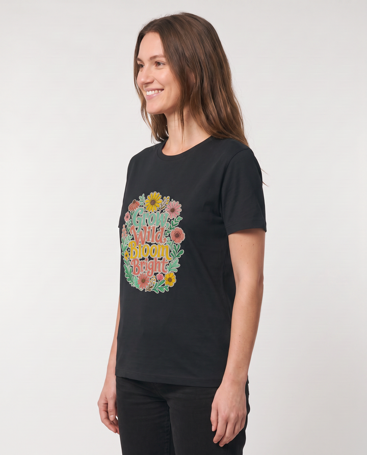 Grow Wild, Bloom Bright Black T-Shirt mockup 2