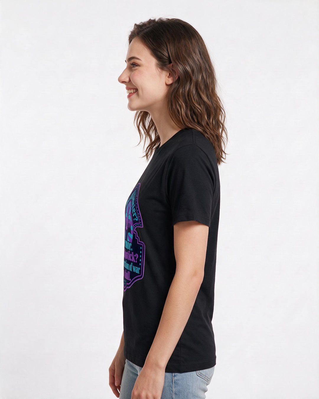 Graphic Women's Black T-Shirt - This soft sweater? Armor. My lipstick? product image 2