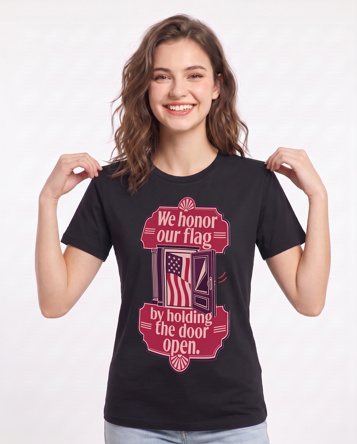Graphic Women's Black T-Shirt - We honor our flag by holding the door product image 3