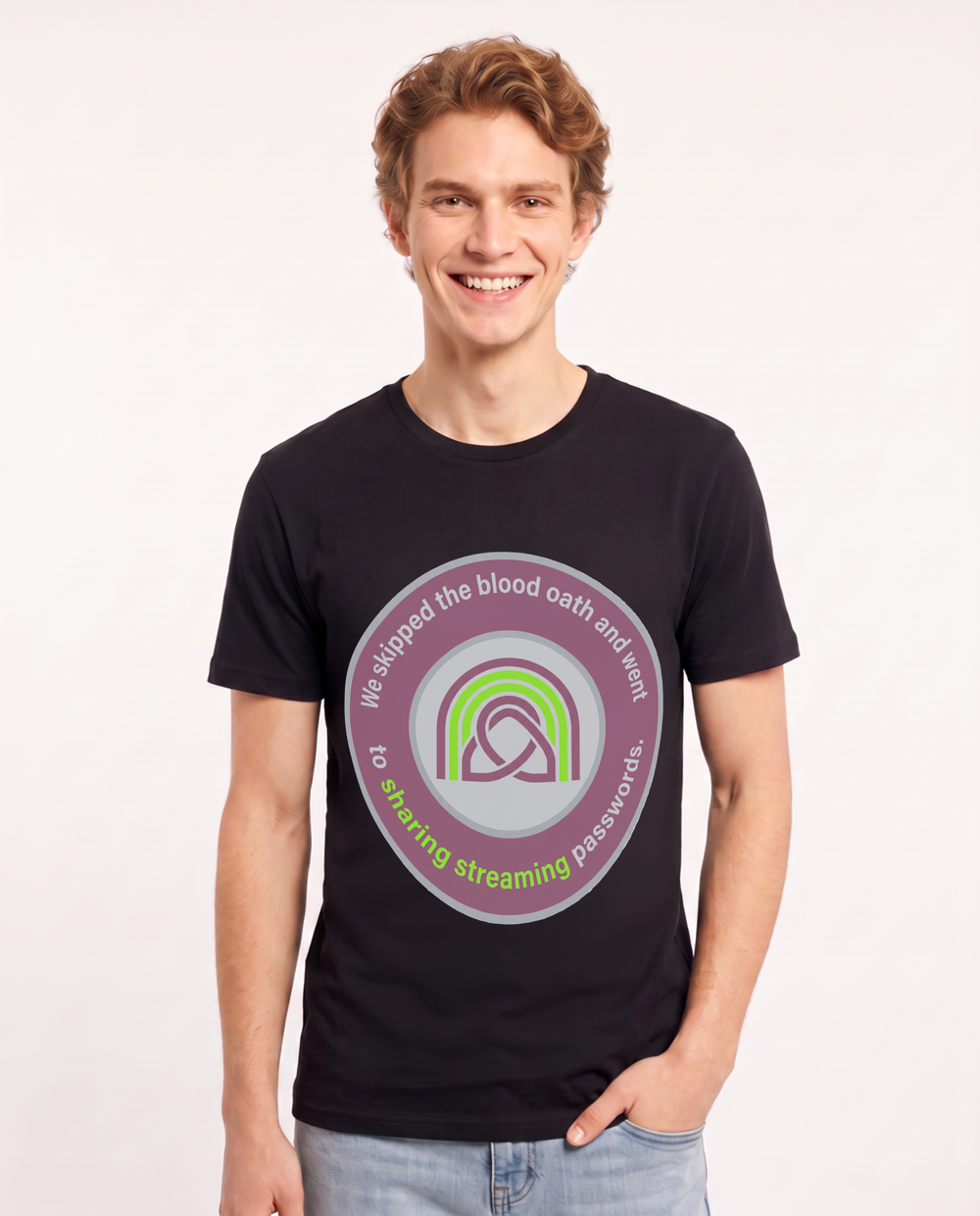 We skipped the blood oath and went straight to sharing streaming passwords. Men's Black T-Shirt product image 2