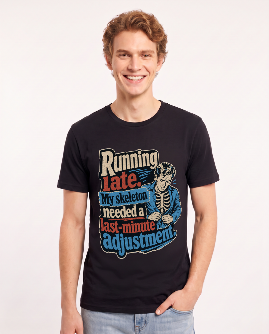Funny Halloween Men's Black T-Shirt – Running late. My skeleton needed a last-minute adjustment. product image 1