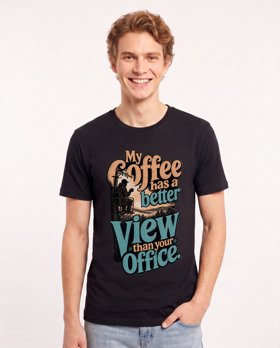 Hunting Men's Black T-Shirt – My coffee has a better view than your office. product image 1