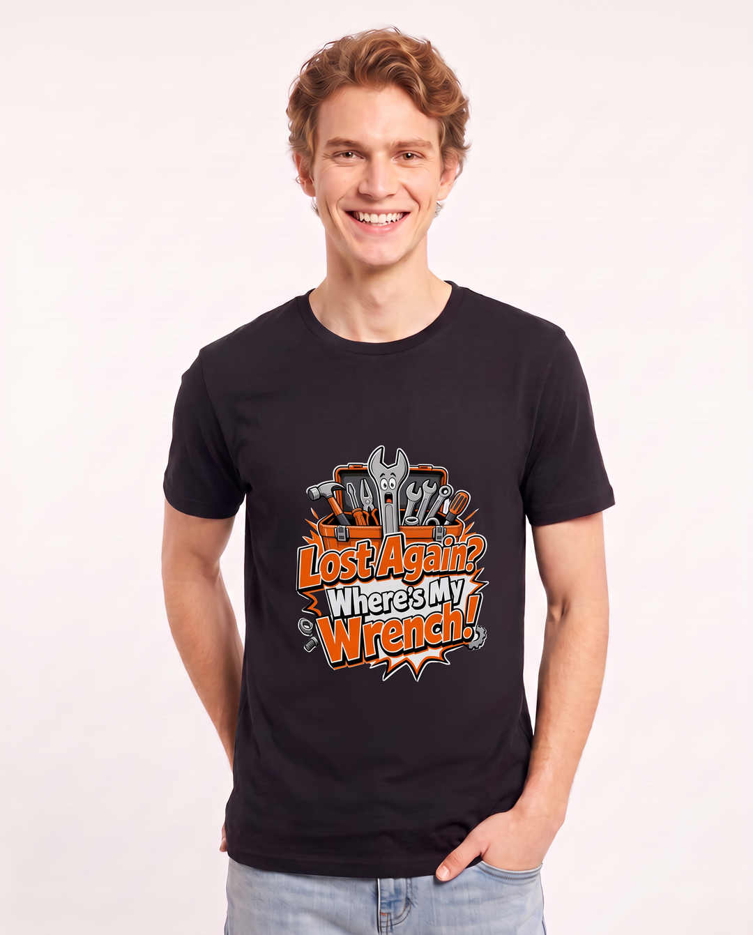 Lost Again? Where’s My Wrench! Men's Black T-Shirt product image 1