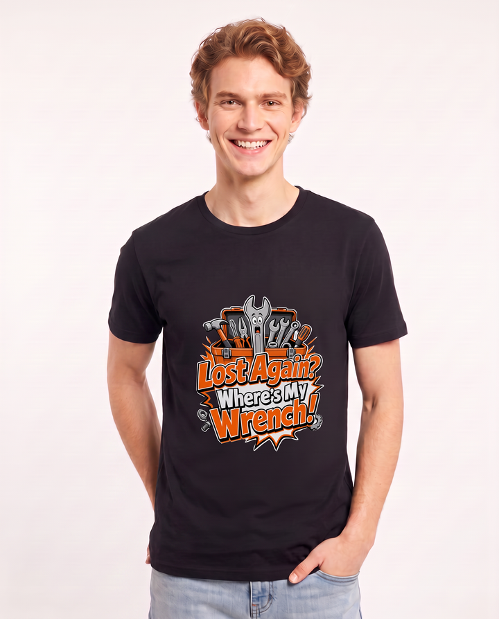 Lost Again? Where’s My Wrench! Men's Black T-Shirt product image 1