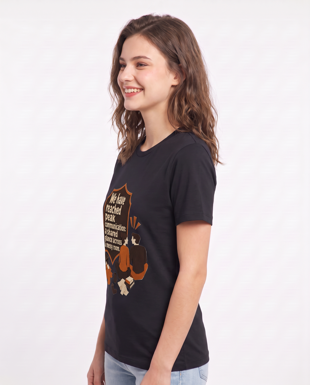 Couples Women's Black T-Shirt - We have reached peak communication: a product image 2