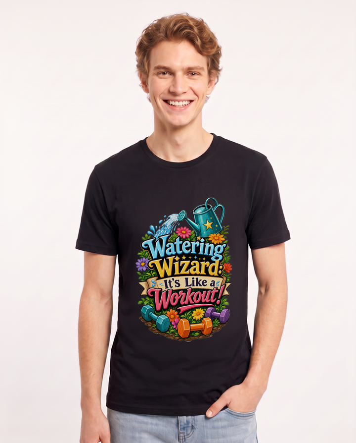 Watering Wizard: It’s Like a Workout! Men's Black T-Shirt product image 2