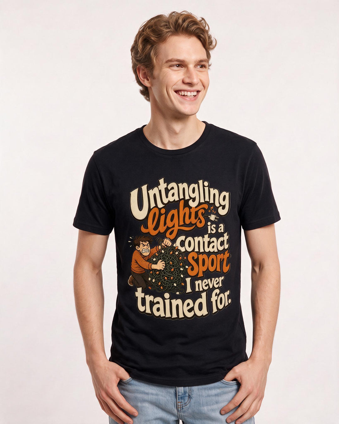 Christmas Men's Black T-Shirt – Untangling lights is a contact sport I never trained for. product image 3