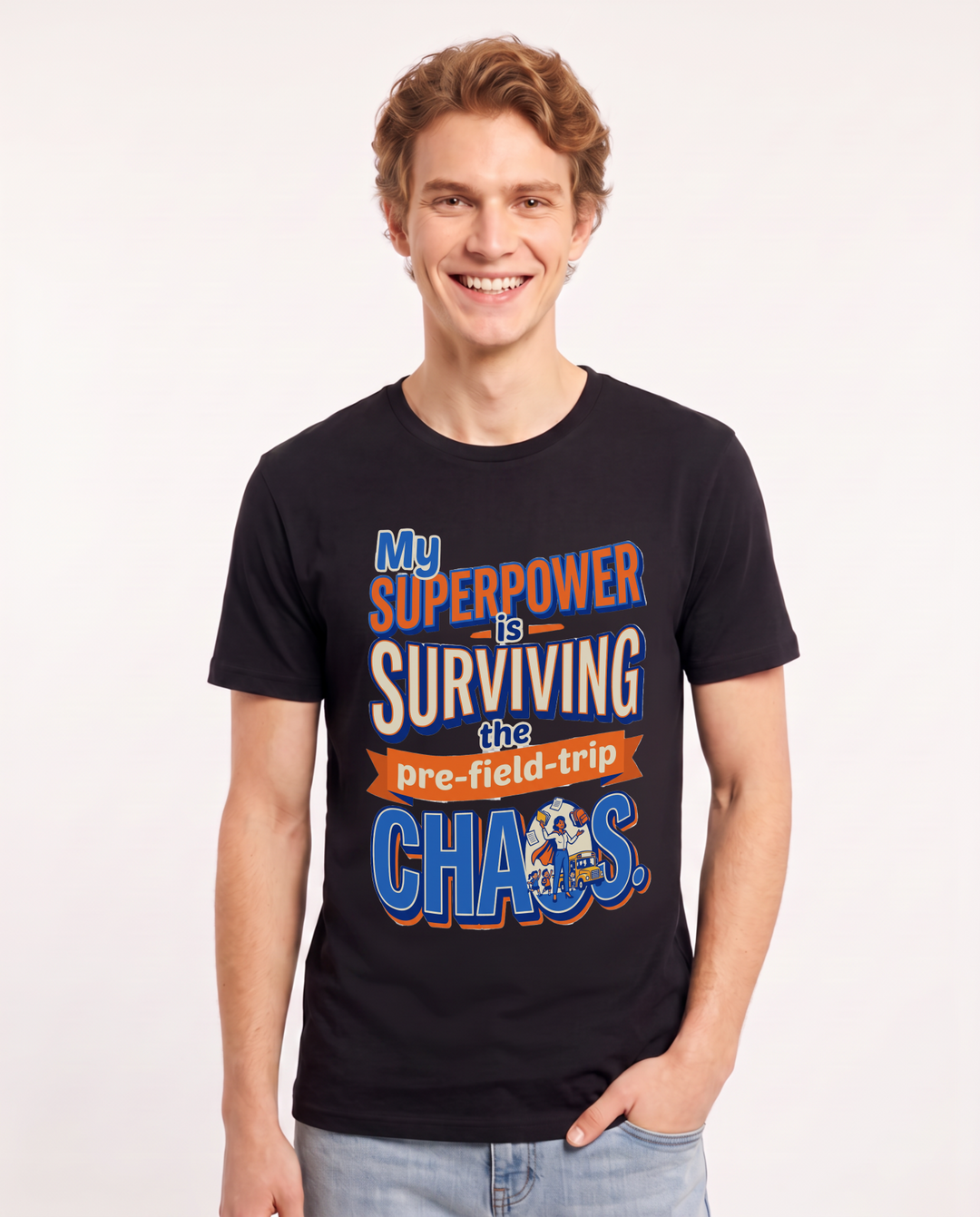 Funny Teacher Men's Black T-Shirt – My superpower is surviving the pre-field-trip chaos. product image 1