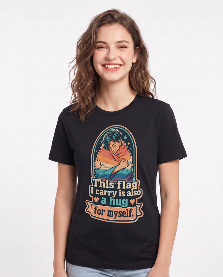 Pride Women's Black T-Shirt – This flag I carry is also a hug for myself. product image 1