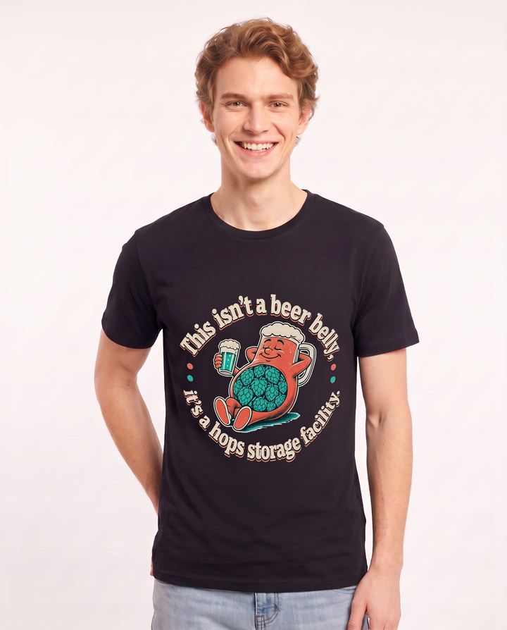 This isn't a beer belly, it's a hops storage facility. Men's Black T-Shirt product image 1
