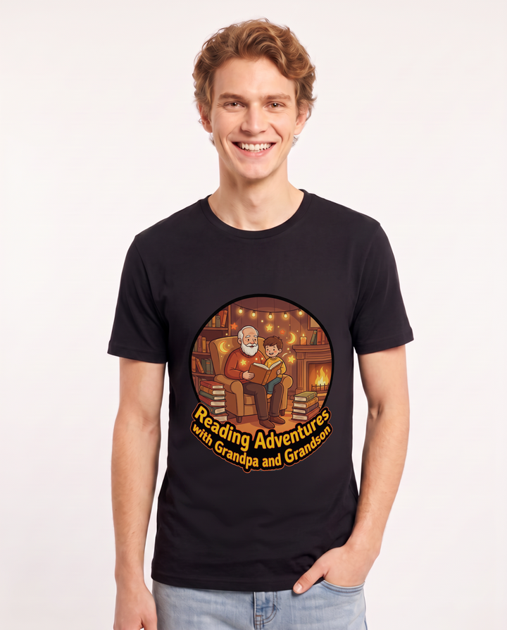Reading Adventures with Grandpa and Grandson Men's Black T-Shirt product image 2