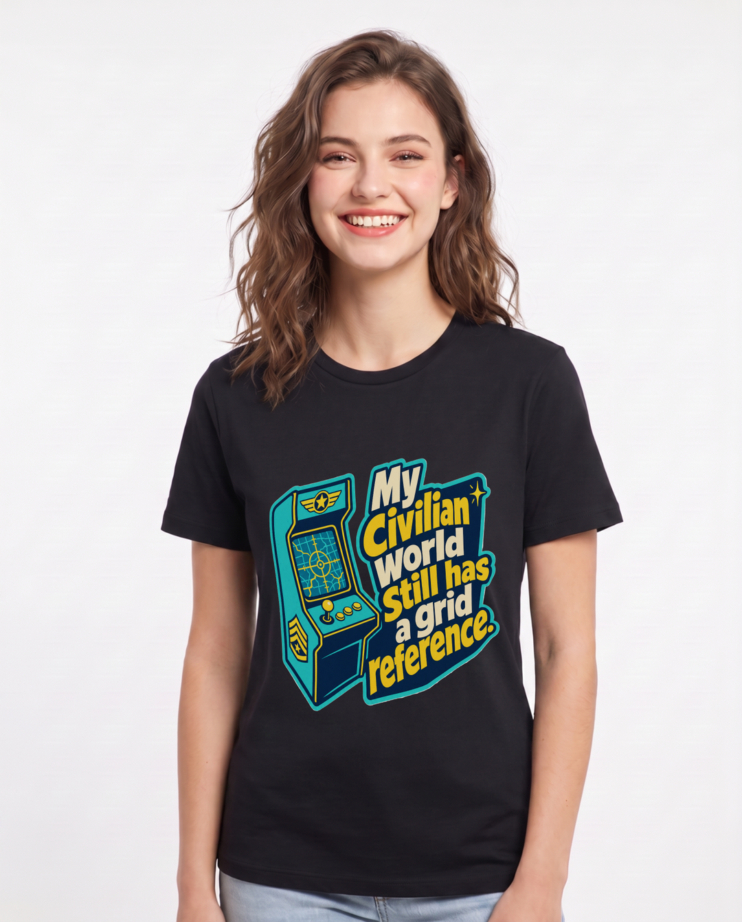 Graphic Women's Black T-Shirt - My civilian world still has a grid product image 1