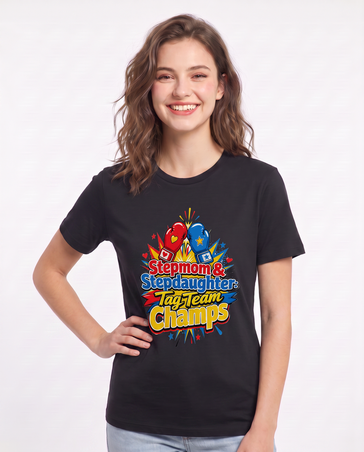 Stepmom & Stepdaughter: Tag Team Champs Women's Black T-Shirt product image 1