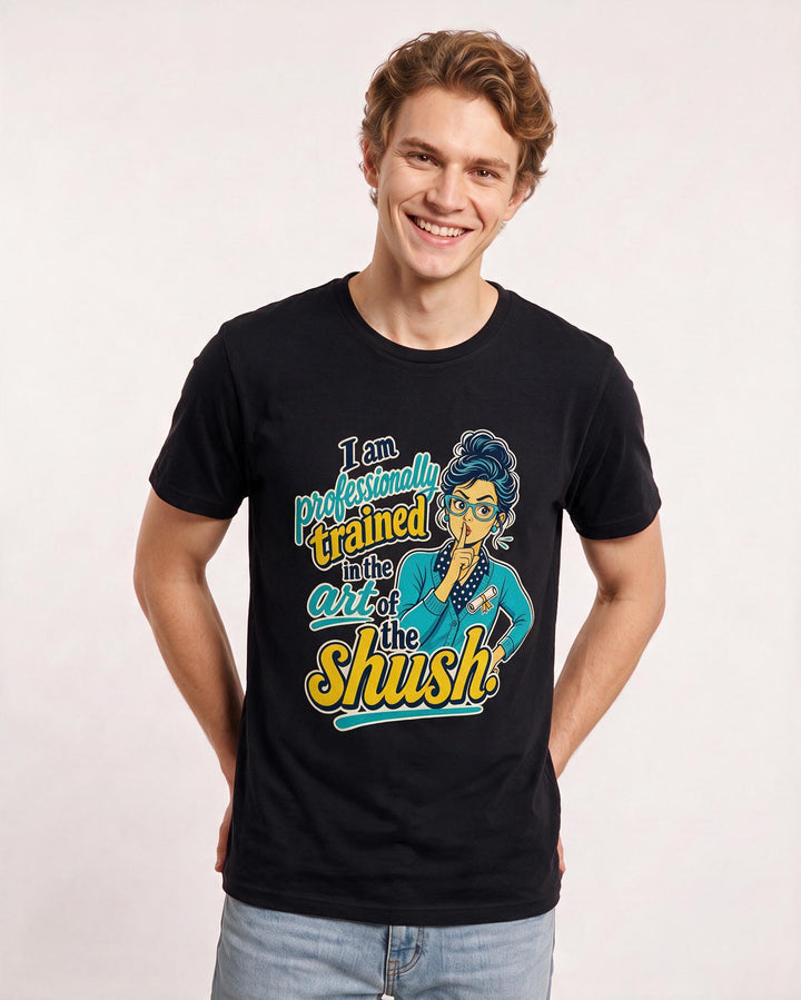 Funny Teacher Men's Black T-Shirt – I am professionally trained in the art of the shush. product image 3