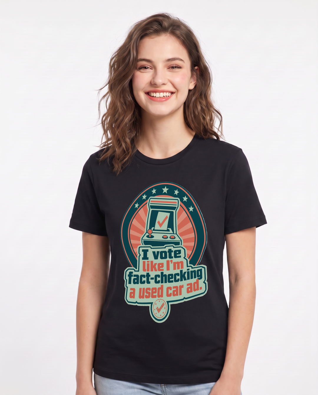 Graphic Women's Black T-Shirt - I vote like I'm fact-checking a used product image 1