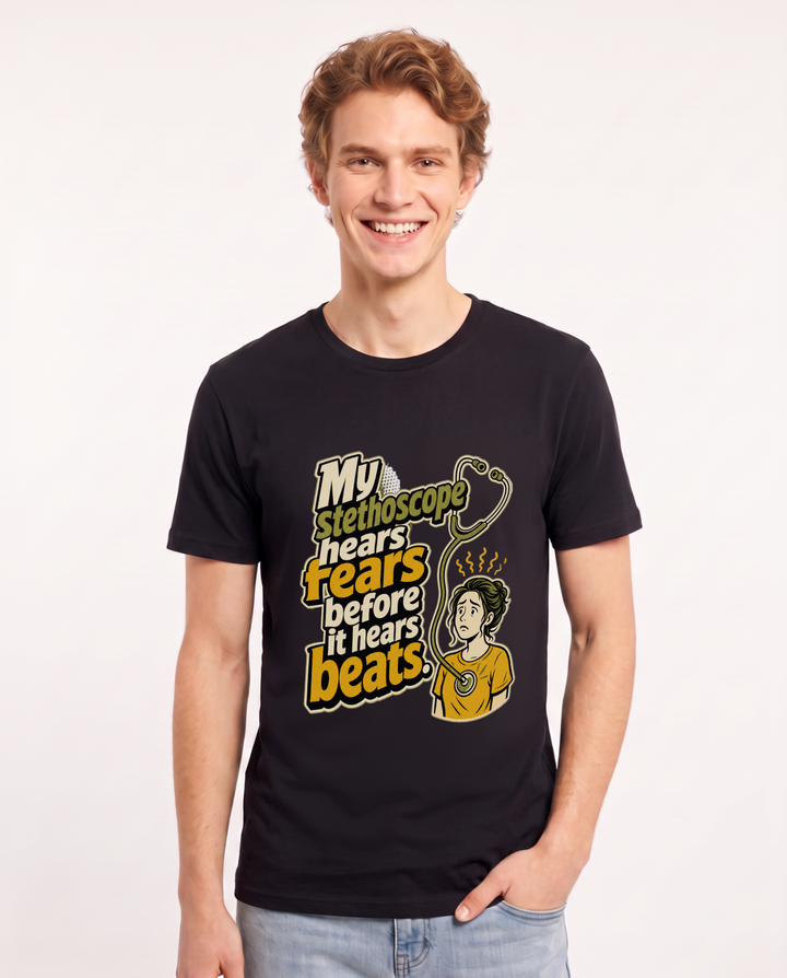 Nurse Men's Black T-Shirt – My stethoscope hears fears before it hears beats. product image 1