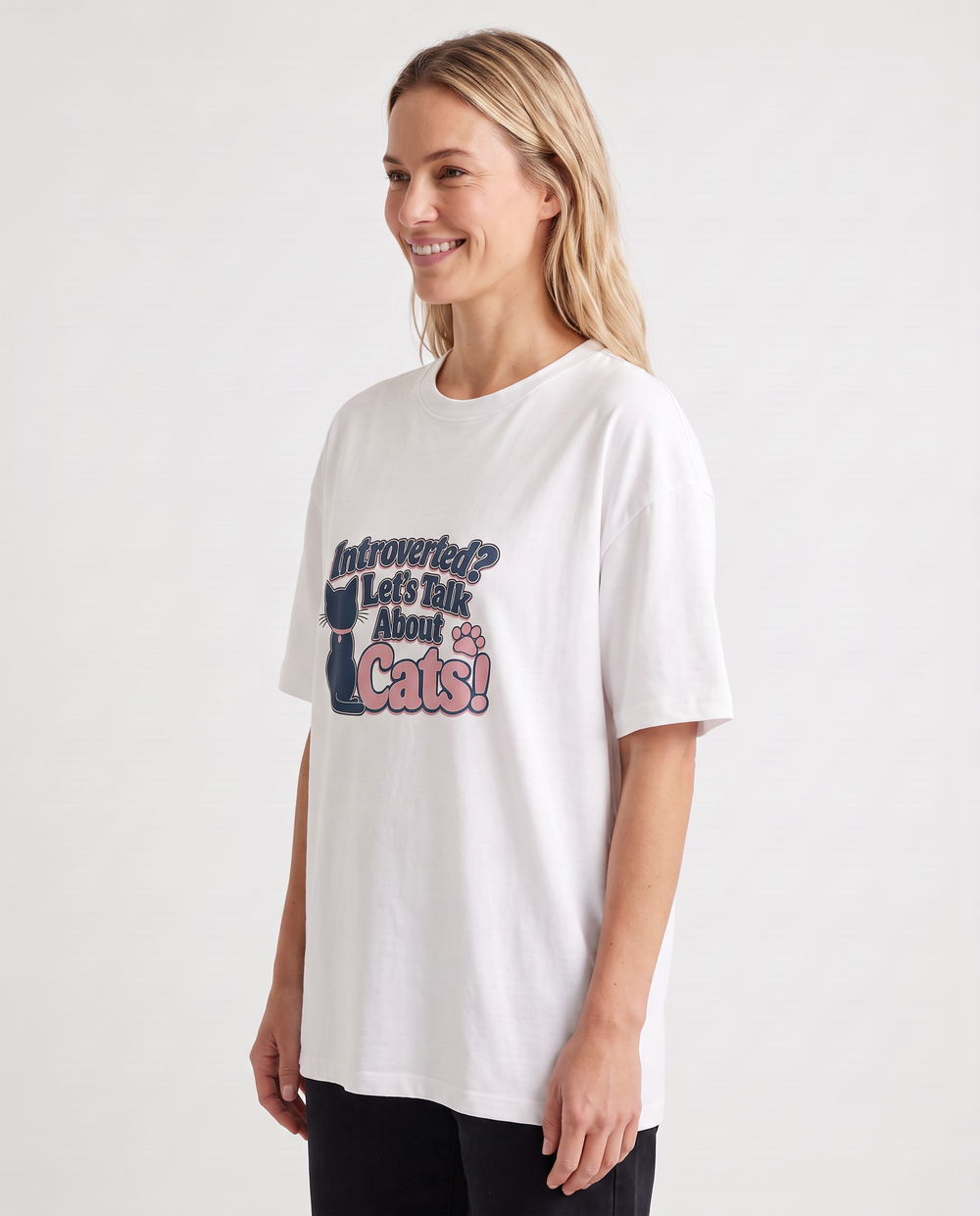Introverted? Let's Talk About Cats! White T-Shirt mockup 2