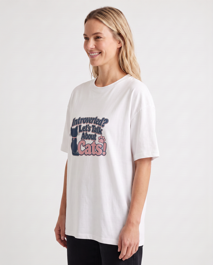 Introverted? Let's Talk About Cats! White T-Shirt mockup 2