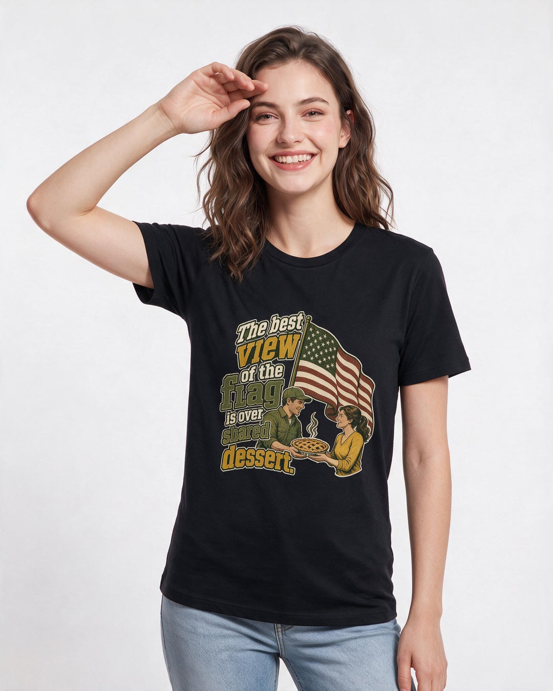 Patriotic Women's Black T-Shirt – The best view of the flag is over product image 3