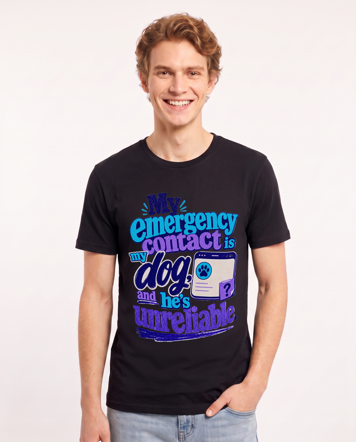 Funny Cat Lover Men's Black T-Shirt – My emergency contact is my dog, and he's product image 1