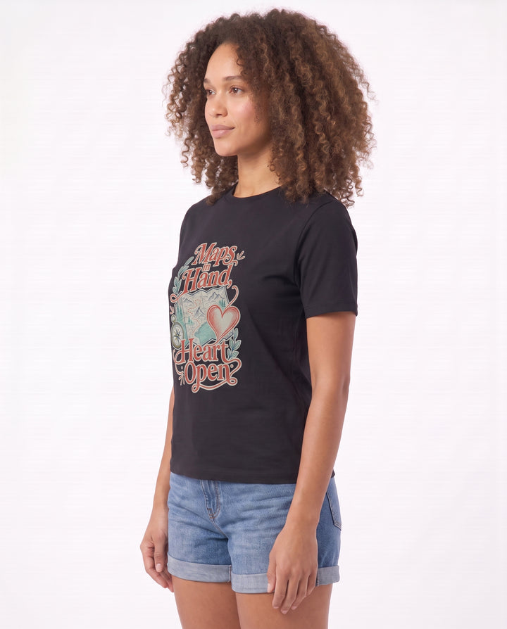 Maps In Hand, Heart Open Black T-Shirt mockup 2