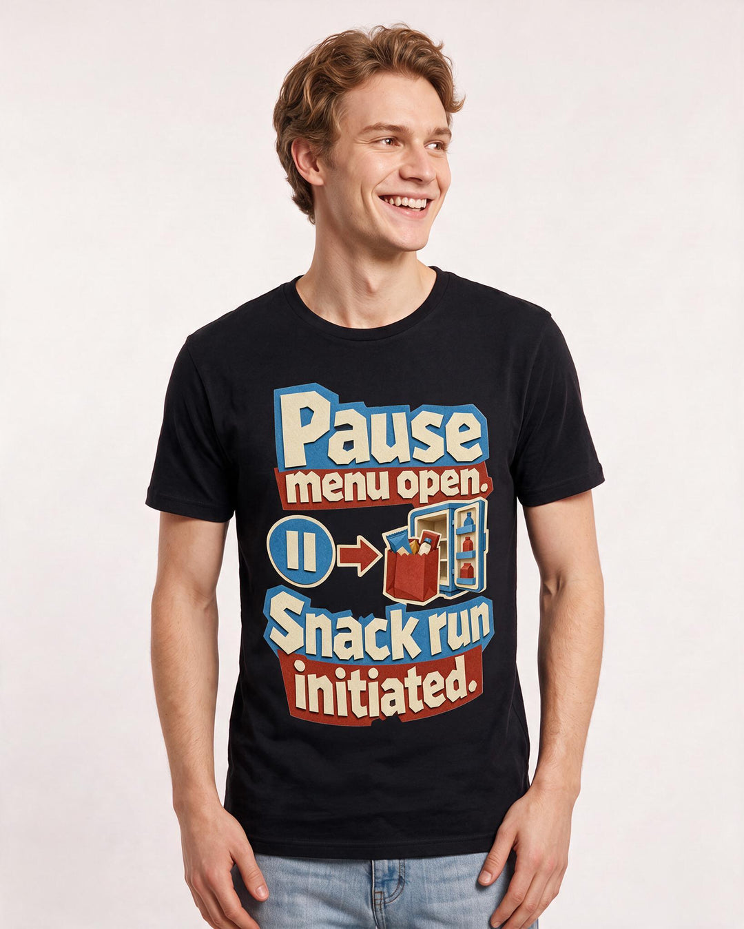 Funny Gaming Men's Black T-Shirt – Pause menu open. Snack run initiated. product image 3