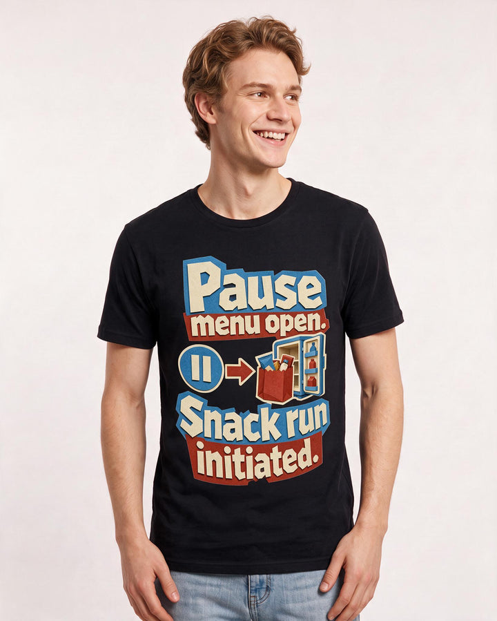 Funny Gaming Men's Black T-Shirt – Pause menu open. Snack run initiated. product image 3
