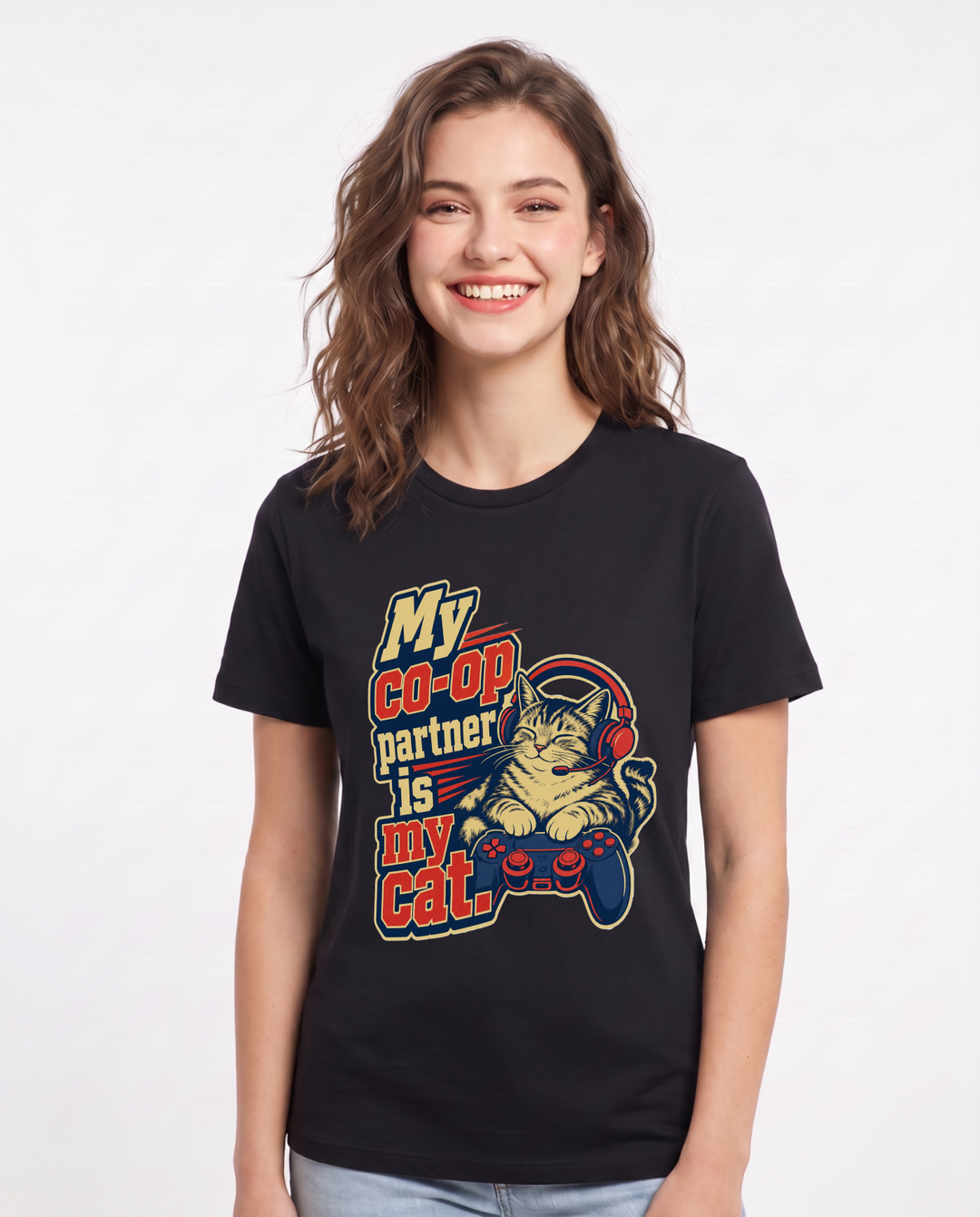 Gaming Women's Black T-Shirt – My co-op partner is my cat. product image 1