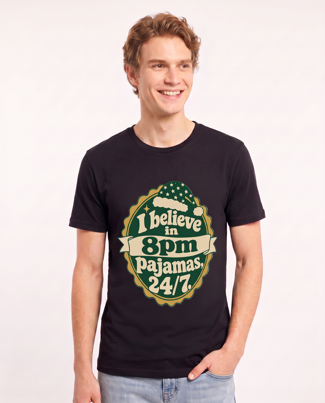Christmas Men's Black T-Shirt - I believe in 8pm pajamas, 24/7. product image 3