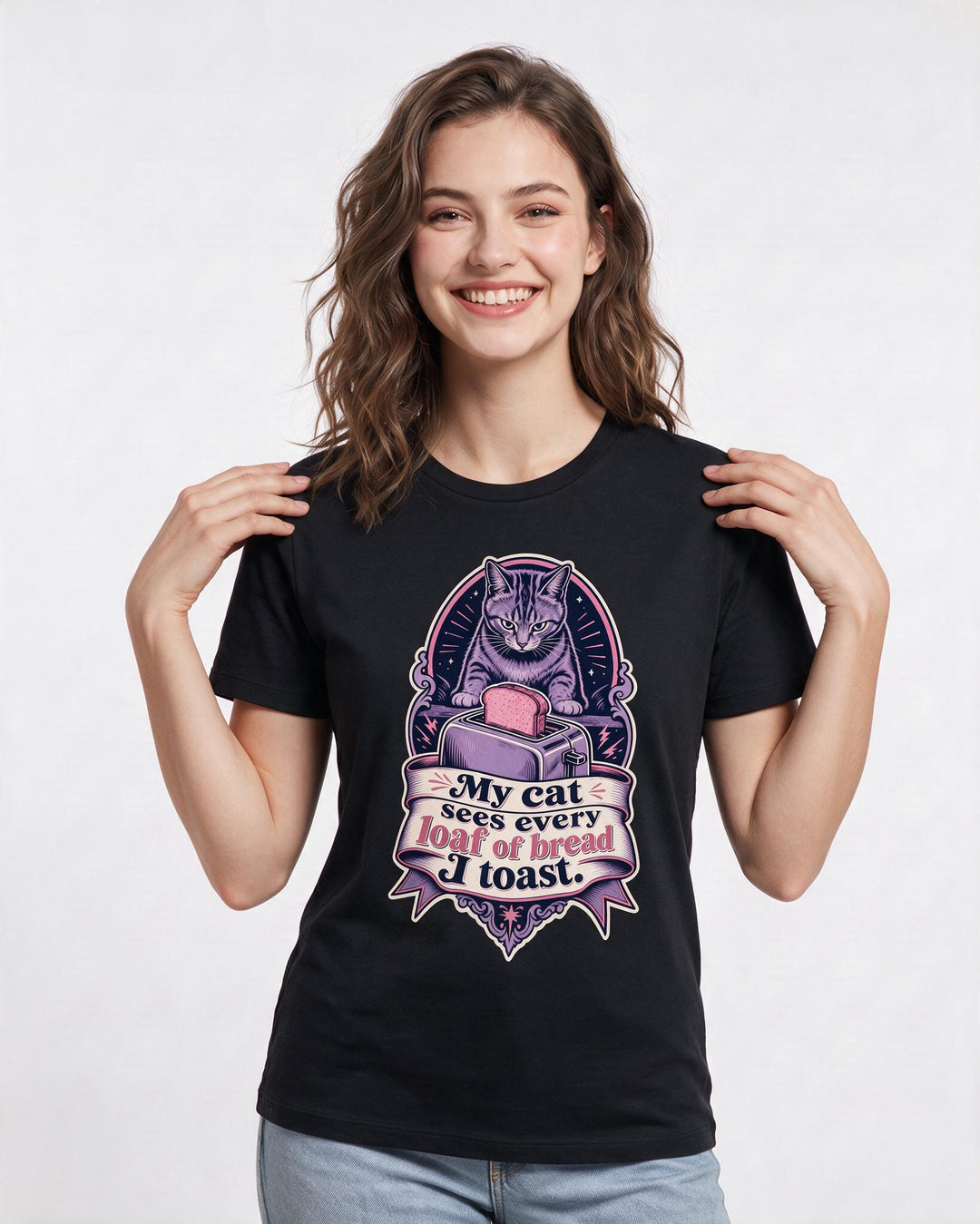 Cat Lover Women's Black T-Shirt – My cat sees every loaf of bread I toast. product image 3