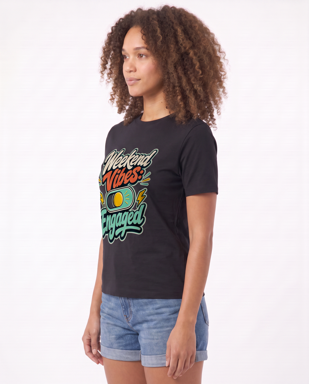 Weekend Vibes: Engaged Black T-Shirt mockup 2