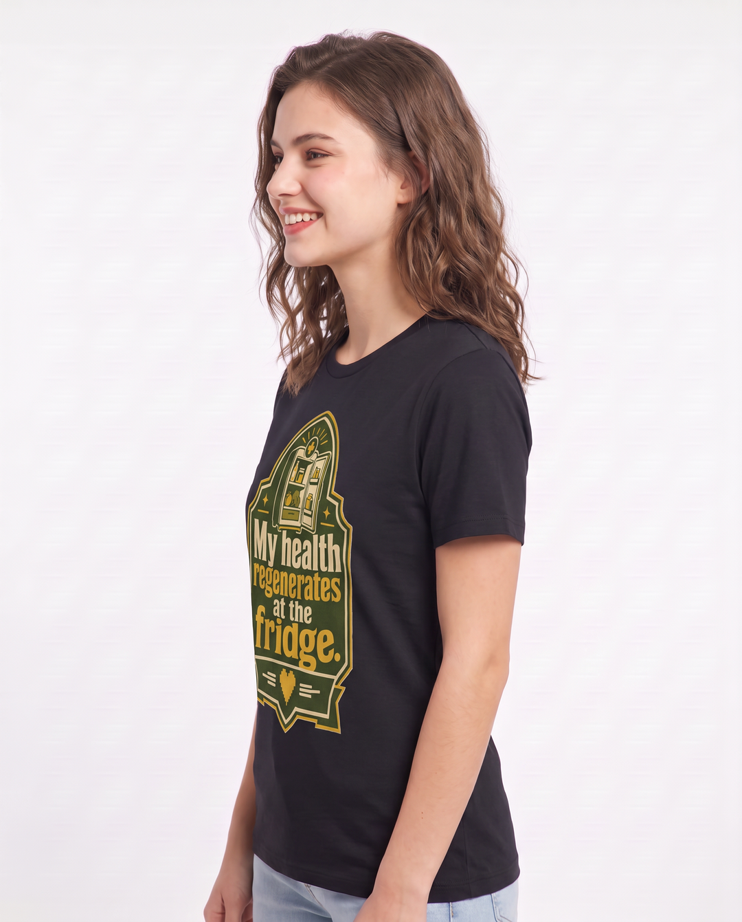 Gaming Women's Black T-Shirt - My health regenerates at the fridge. product image 2