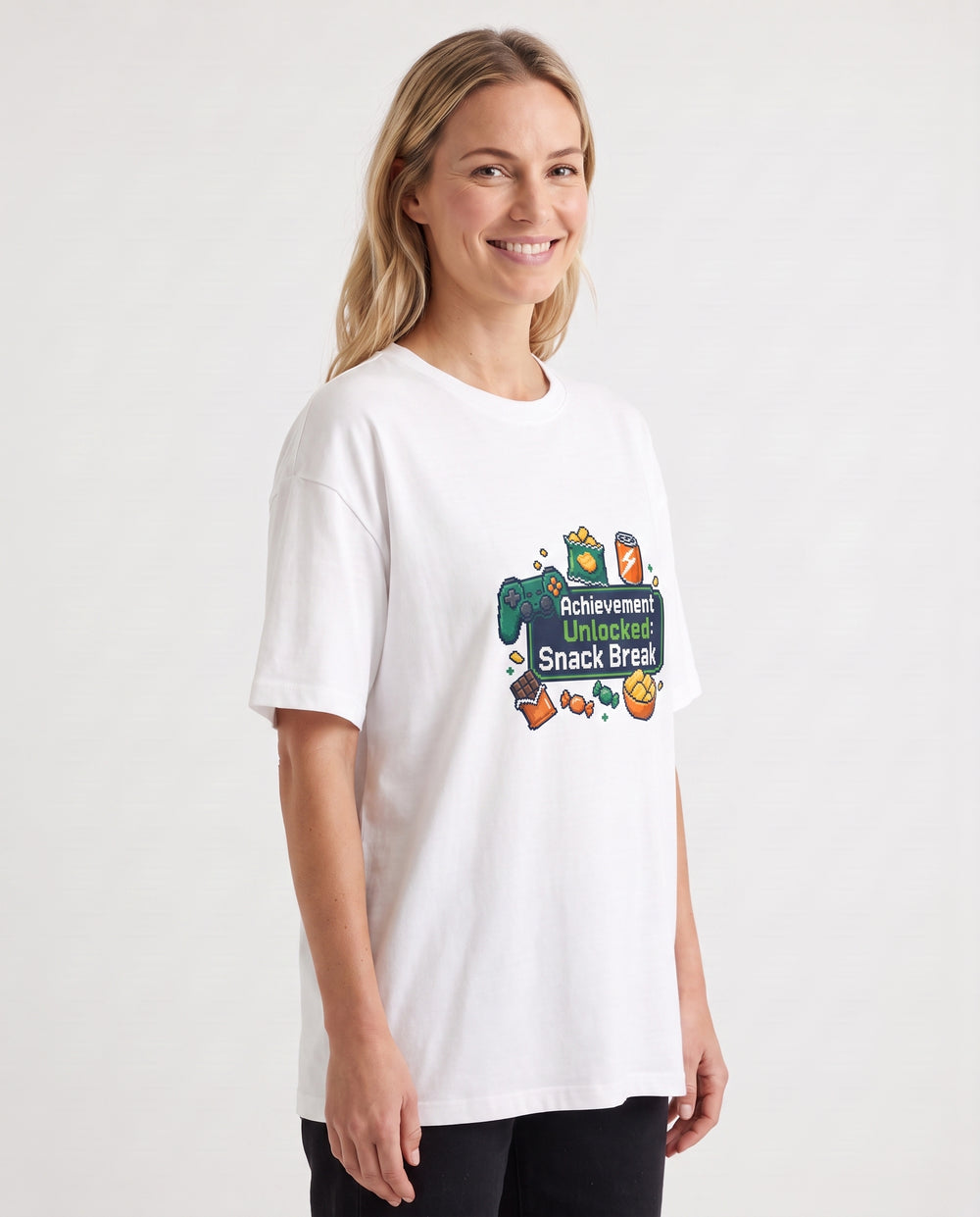 Achievement Unlocked: Snack Break White T-Shirt mockup 2