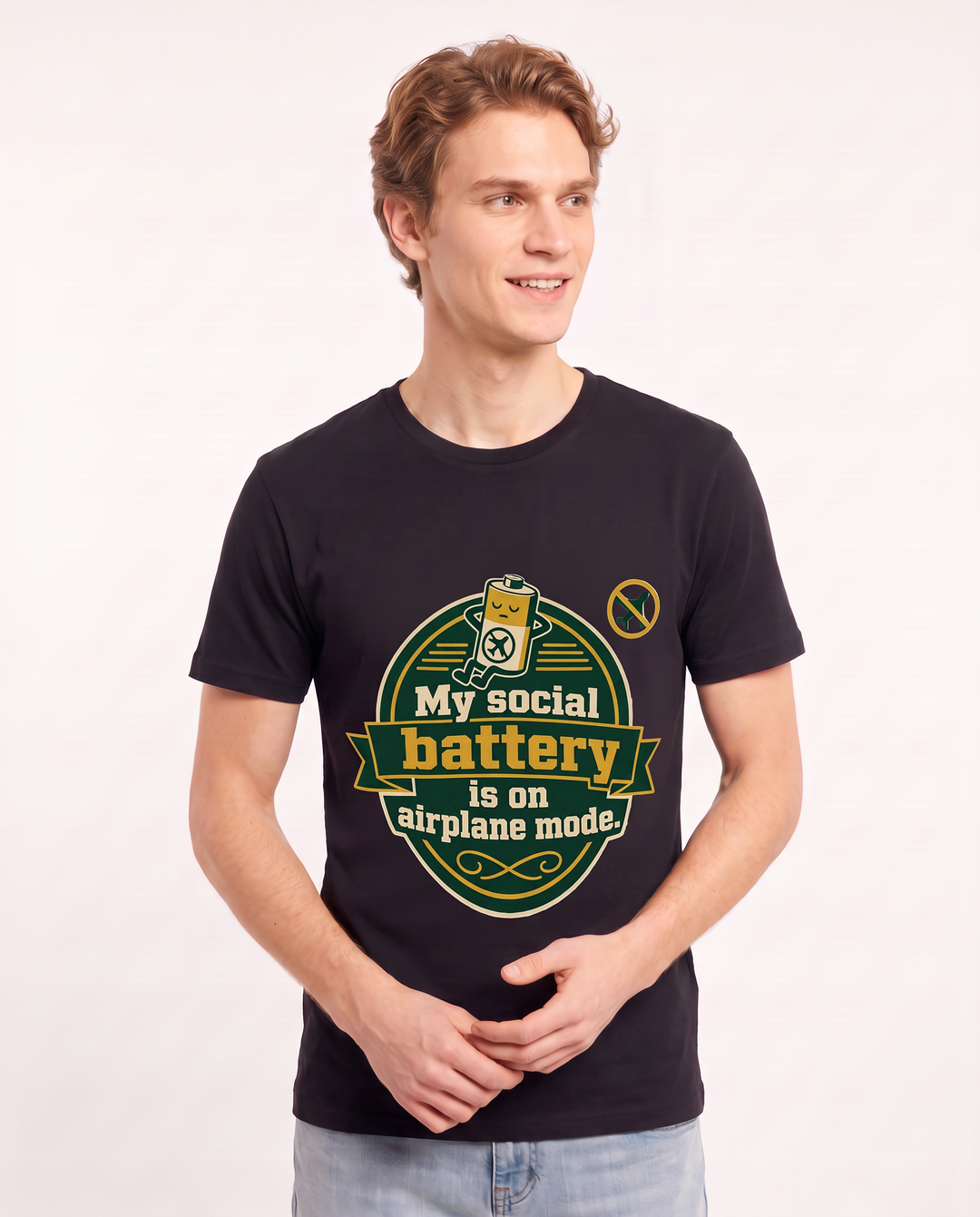 Graphic Men's Black T-Shirt - My social battery is on airplane mode. product image 3