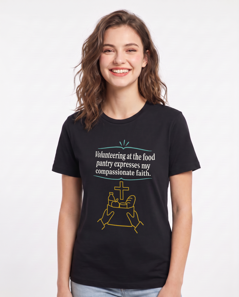 Volunteering at the food pantry expresses my compassionate faith. Women's Black T-Shirt product image 2