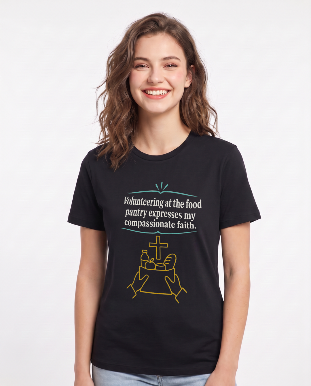 Volunteering at the food pantry expresses my compassionate faith. Women's Black T-Shirt product image 2