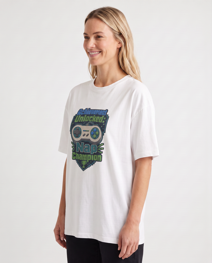Achievement Unlocked: Nap Champion White T-Shirt mockup 2
