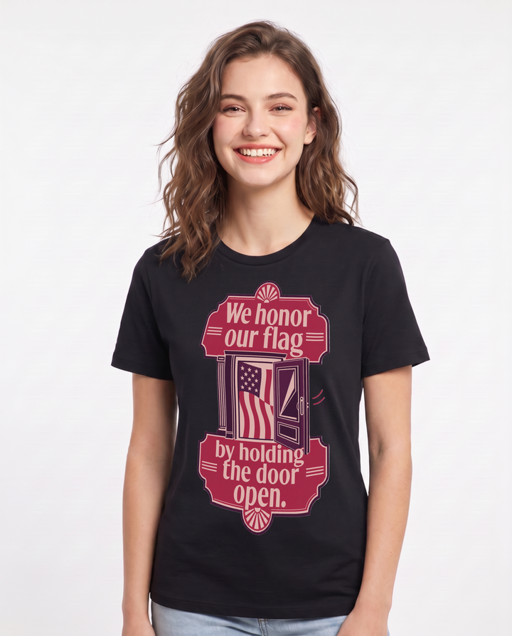 Graphic Women's Black T-Shirt - We honor our flag by holding the door product image 1