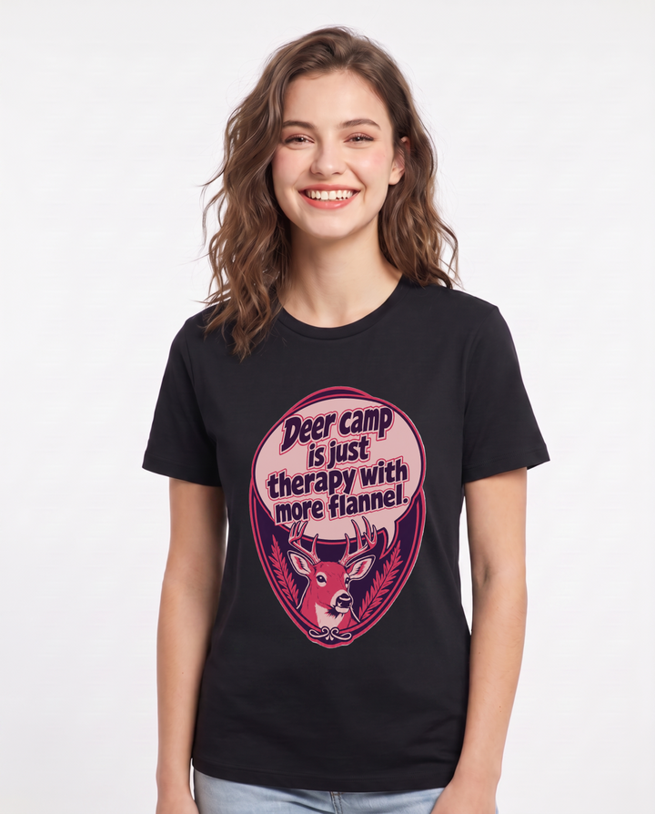 Hunting Women's Black T-Shirt - Deer camp is just therapy with more product image 1