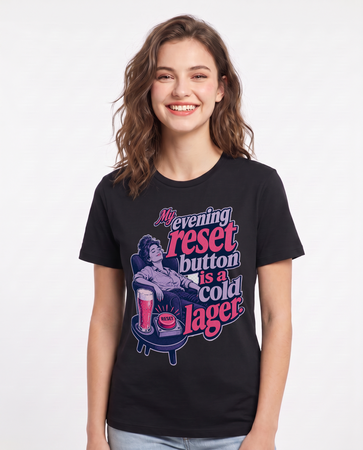 Beer Women's Black T-Shirt – My evening reset button is a cold lager. product image 1