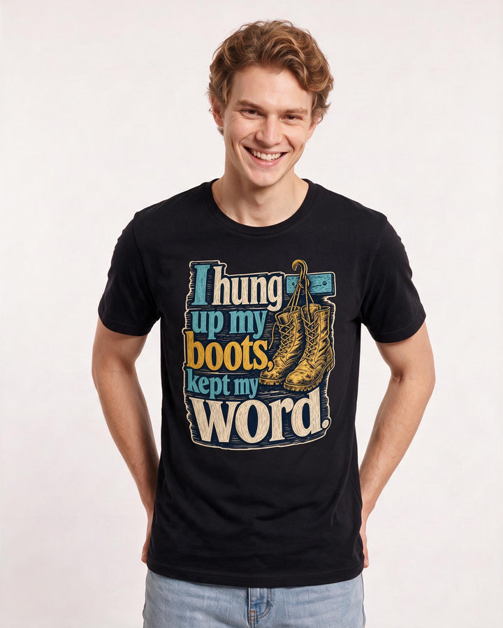 Veteran Men's Black T-Shirt – I hung up my boots, kept my word. product image 3